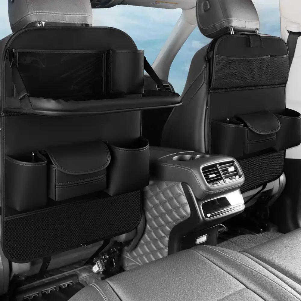 1pc Leather Car Backseat Organizer with Foldable Tray – Kick Mat, Tablet Holder & Multi-Pocket Storage for SUV, Truck, Sedan  | OOLVS