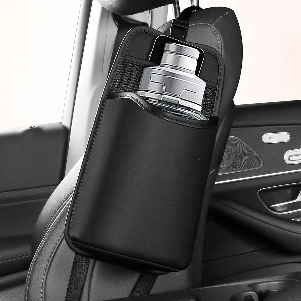 PU Leather Car Seat Side Organizer – Hanging Storage Bag with Tissue & Bottle Holder, Mesh Pocket for Phone & Pens | OOLVS