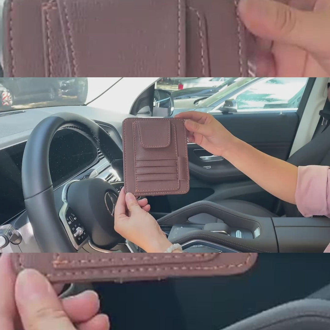منظم واقي الشمس للسيارة - حامل نظارات متعدد الجيوب من الجلد الصناعي مع مساحة لتخزين البطاقات والأقلام والفواتير